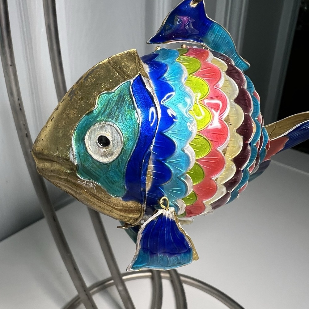 Cloisonné Enamel Articulated Moveable Lg Tropical Fish Ornament Rainbow Colors